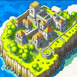 cliff-side village made of stone, stone tower, stone wall. map perspective top down