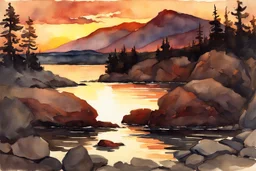 Sunset, rocks, mountains, rocky land, epic, winslow homer watercolor paintings