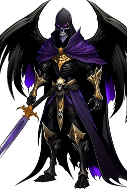 Fry grim reaper knight hero with black wings and cool black plate armor trimmed in gold and purple with a flowing black cape but with a handsome human vampire face