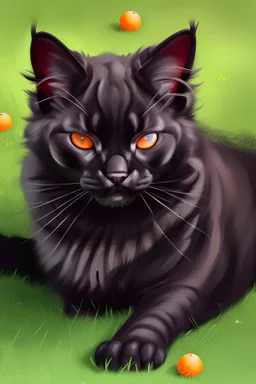 portrait of a happy black furry cat with reflective orange eyes sleeping on a green lawn playing with a dandylion