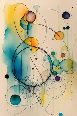 Abstract wet watercolour, ink lines, interlinked circles