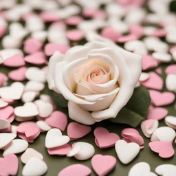 A photo of a white card, 5.5 by 4.25 inches. The card is vertically positioned on a beautiful white surface, positioned between pink rose petals and litte golden hearts.