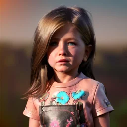 Jennifer aniston toddler, full body, leather jacket, floral shirt, floral skirt, shoe, soft skin, dramatic lighting, hyper realistic