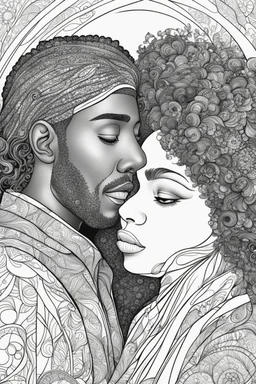 Coloring book page, black and white, Black couple in love, high detail, thick lines