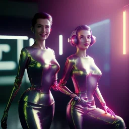 Ultra Realistic scene, retro futuristic style, 1960 fashion sci-fi. 2 cyber Women, shopping, smile, happy. highly detailed, concept art, unreal engine 5, ray tracing, RTX, lumen lighting, ultra detail, volumetric lighting, 3d, finely drawn, high definition, high resolution.