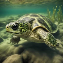 Bass Turtle vivid green and tan with big black eyes, masterpiece, best quality, background lake