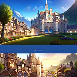 Clear focus, 8k, high quality, detailed, beautiful lighting, European mountain village fantasy, Castle, Houses, Three,