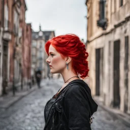 a girl with bright red hair, looking over her shoulder, walking along a bust street