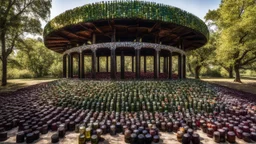 Pavilion made from hundreds of old wine bottles, amazing detail, beautiful composition, award-winning photograph, astonishing realism, 28mm lens, adjust perspective