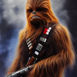 photorealistic and intricate portrait of chewbacca in star wars by Gabriele Dell’otto, wearing beskar armor, deep dark colors, hyperdetailed, 32K, oil on canvas,