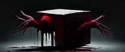 a faceless creature covered in blood holding up an empty black box