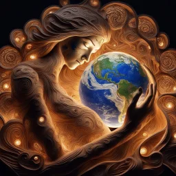 🔥 PROMPT: A surrealistic art piece featuring Mother Earth cradling Planet Earth in her arms. The sculpture is intricately carved from interlacing wood, with stained glass inlays that illuminate the artwork. The filigree design draws inspiration from Irish folk art, blending the styles of James Rizzi, Mary Anning, Rufino Tamayo, and Carl Kleiner. Set against a dark background, the illuminated sculpture installation presents a stunning fusion of nature and art, with detailed craftsmanship and vib