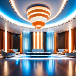 beautiful dance stage in luxury modern hall dynamic lights, modern furniture light blue & orange theme