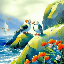 Create an oil painting depicting two puffins perched on rock cliffs in Iceland with tiny white wildflowers growing around them. Modifiers: elegant intricate beautiful colourful Zdzisław Beksiński acrylic art abstract watercolor Fractal Henri Matisse Paul Klee mysterious Victo Ngai warm light watercolor ink beautiful elegant intricate