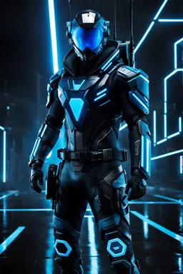 cyberpunk, neon blue, high technology, geometric figures, orbiting figures, cyberpunk suit, black and blue, epic, rain, neon blue suit, geometric figures orbiting around suit, exosuit, male