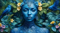 acrylic illustration, acrylic paint, oily sketch, fashion photography portrait of blue human avatar, in blue lush jungle with flowers and birds, 3d render, cgi, symetrical, octane render, 35mm, bokeh, 9:16, (intricate details:1.12), hdr, (intricate details, hyperdetailed:1.15), (natural skin texture, hyperrealism, soft light, sharp:1.2)