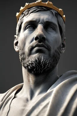 Ultra Realistic image, Roman sculpture, white marble material, Lionel Messi, gold crown of natural thorns, god crown, Renaissance style, sun rays background, waist up portrait, epic, celestial, cinematic lighting, God lights, 4k resolution, smooth details, soft lighting, unreal engine 5, art station, substance 3d.