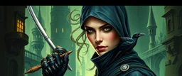 pen outline and realistic airbrush, upper body portrait of clever crow vintage cloaked assassin thief quickling juggler weird pretty woman with Damascus steel whip in then elven magical green city of Forgotten Realms, myth drannor