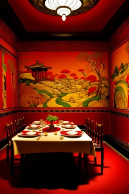 An orangish red Japanese hibachi restaurant designed in Bayeux tapestry painted by Gustav Klimt