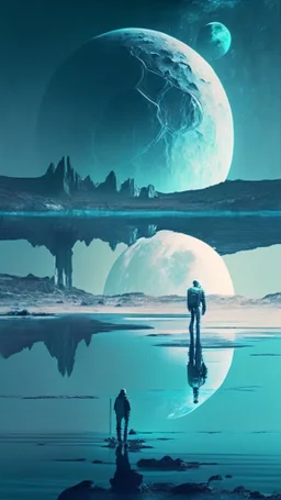 sci-fi landscape with water and man and moon