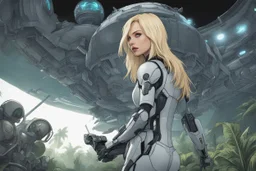 Wide-angle, full body of a woman, with straight blond hair, dressed like a robot, with equipment in her hands, next to a crashed spaceship, on an alien jungle world in the multiverse