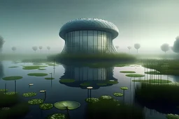 futuristic freeform Iranian beach house with void under mass of building in the marsh, Water lily on water surface wealth of flora, with dancing performance, fog and rain, light ray