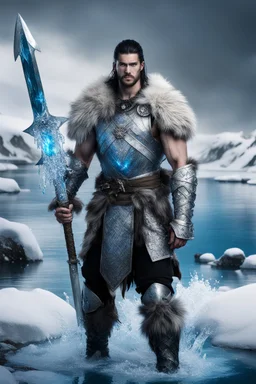 1 man. warrior, with blue eyes and black hair man in silver Viking armor with fur around the neck with blue crystal on his chest , standing in water in the artic, holding a ice axe, warrior in anime style,