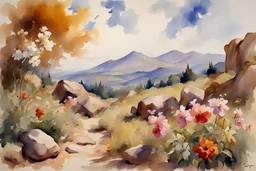 Sunny day, clouds, flowers, mountains, rocks, trees, epic, john singer sargent watercolor paintings