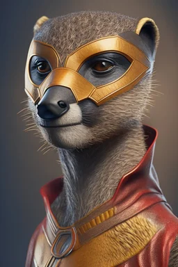 Superhero, Meerkatman, man, male head, amor, meerkat mask, hyper realistic, intricately detailed, novelty, full body, cinematic, 4k