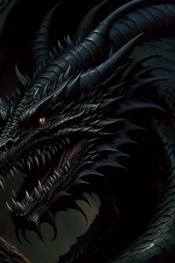 90s dark fantasy art, illustration of a black dragon