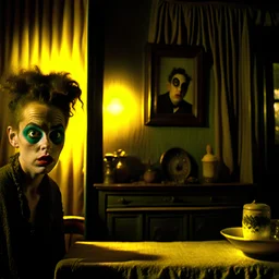 Photograph, strong texture, photorealism, Caravaggio, Egon Schiele. Intricate patterns, hypermaximalist, living-room, an eerily mysterious, hidden and odd person is eating, a witchy house, sober style, pastel colors. Movie shot, spooky. Sinister scribbles, 33mm photography. Beasts