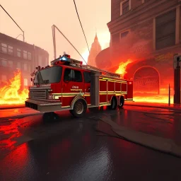 burning building, city, firetruck, run down, graffiti, vandalized, night time, destroyed buildings , unity, scriptable render pipeline , lighting , volumetric , global illumination, skybox , foggy .