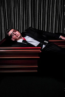 a man in black suit, red neck tie, white shirt, black pants, black shoe sleeping in a coffin