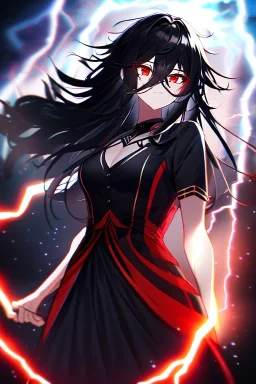 girl, masterpiece, best quality, cinematic lighting, detailed outfit, vibrant colors, perfect eyes, red eyes, long hair, black hair, messy hair, hair between eyes, depth of field, ray tracing, lightning magic, angry,
