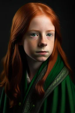 A 12 years old girl with red hair and green eyes and she is wearing a Hogwarts robe