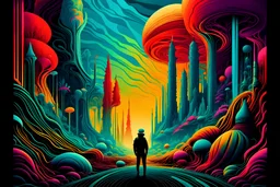 A whimsical and fantastical movie poster rendered in high resolution 4k, featuring a retrofuturist style with bold colors and graphic elements, including vibrant colorful stripes. The image is influenced by the work of artists like H.R. Giger and Beksinski, creating a sense of otherworldly wonder and mystery. The poster transports the viewer to a colorful and fantastical diorama world of "Where the Wild Things Are," set against the backdrop of a beautiful, serene lake with a small boat floating