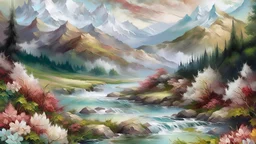 Create a layered and profound landscape painting inspired by the natural elements in the provided reference image. Emphasize the undulating contours of the mountains, the tranquility of the water surface, and the movement of clouds to convey the grandeur and serenity of nature. Avoid incorporating any floral elements to maintain a focus on the beauty of the mountains and water. Capture the essence of a serene and majestic landscape