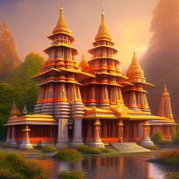 indian temple in sunset, perfect composition, hyperrealistic, super detailed, 8k, high quality, intricate details, highly detailed