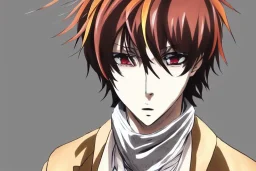 Detailed pretty anime boy, brown hair with blonde strips, keep head in frame, headshot, glaring, brown eyes, covered in bandages, looking serious, illustration, digital painting, only one character, color scheme red, wearing many bandages, Osamu Dazai inspired, anime inspired, manga, dazai, red hair, Chuuya, pretty, scruffy, angry, brooding, manga inspired, small nose, long lower eyelashes, handsome, widows peak, headshot, glaring, cute, wearing a bandage on neck, small nose, scruffy hair