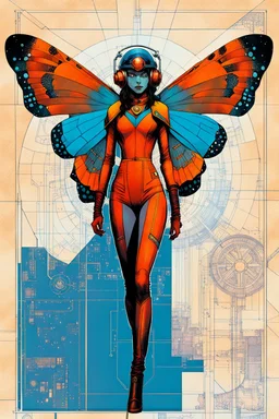 Hand drawn technical,full body portrait illustration , with detailed blueprints and engineering schematics of a walking cecropia moth insect girl, in the comic book art style of BILL SIENKIEWICZ and JEAN GIRAUD MOEBIUS, with highly detailed facial features, drawings, and technical notation, 8k, vibrant natural colors