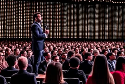 The image shows a confident speaker on stage, addressing a large audience with enthusiasm. The audience seems distracted and interested, and the setting exudes an atmosphere of elegance and impact.