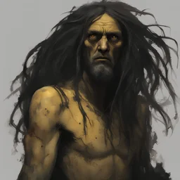 Large, imposing, decaying man with jaundice, long black scraggly hair, torn clothing, white eyes.