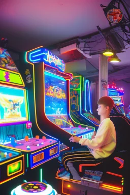 a millineal teenage boy is playing video arcade games, bright colored clothes from the 90s, hairstyles of that time, comic style