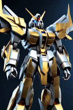 Full body Gundam wearing biomechanical silver gold armor, god light effect,photorealistic,abstract background