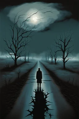 In a realm painted with cold colors, a solitary figure stands at the end of a desolate road. The dull light casts sharp lines on their face, etched with pain and depression, as they gaze upon a dark sliver of sky. Thorns pierce their soul, a metaphor for the barbed loneliness that has become their only companion. Surrounded by shadows, they whisper, "I am the reason I have no one," as the truth weighs heavy. Their eyes reflect the anguish of being an outcast, a self-imposed exile born from fear