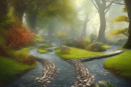  winding stone path lit river