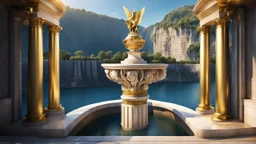 a roman capital divided by a river next to the ocean. marble and gold. fantasy.