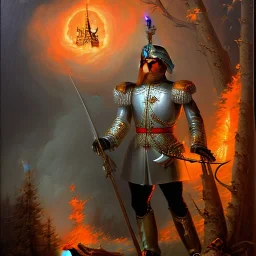 slain army general with morning stars in front of a skewed house on fire in a hurricane, upper body of orange devil with spear, thick forest, oil painting, portrait