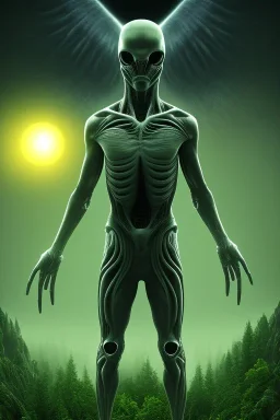 running alien portrait , black jogging suite , in the night Alps , holding leaves and coins , angels background, volumetric light, high detail, dark leaf tree, dark mountains in background, perfect, HR Giger style