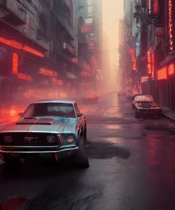 Realistic photo, Ford mustang, asphalt, cyberpunk city, blade runner style, 4k resolution, intricate details, ornate details, soft lighting, vibrant colors, retroanime, futuristic cityscape background